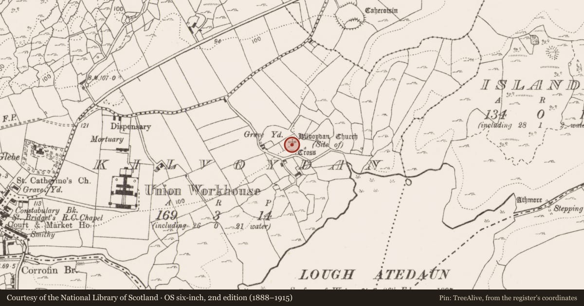 Ordnance Survey six-inch map, 2nd edition (1888–1915) covering the location of Graveyard, Kilvoydan, County Clare, with a pin at the register's coordinates