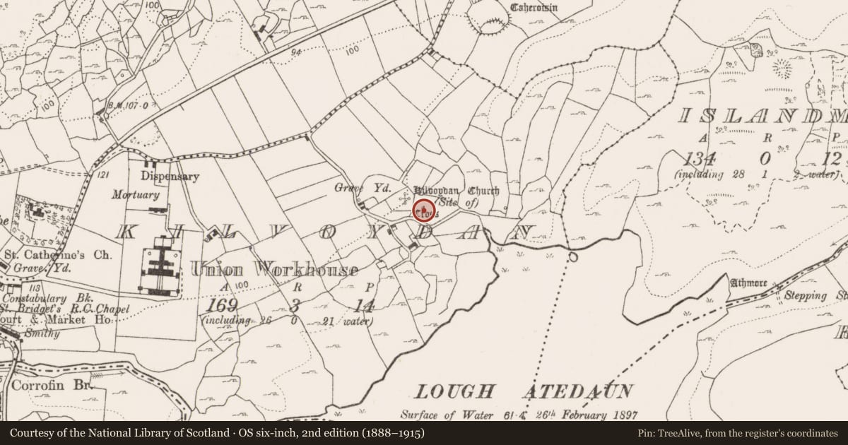 Ordnance Survey six-inch map, 2nd edition (1888–1915) covering the location of Cross, Kilvoydan, County Clare, with a pin at the register's coordinates