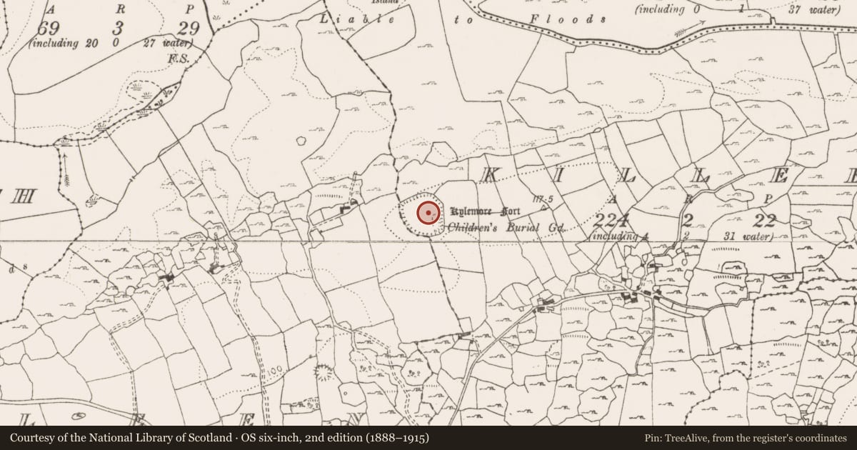 Ordnance Survey six-inch map, 2nd edition (1888–1915) covering the location of Hilltop enclosure, Killeen, Killeen, County Clare, with a pin at the register's coordinates