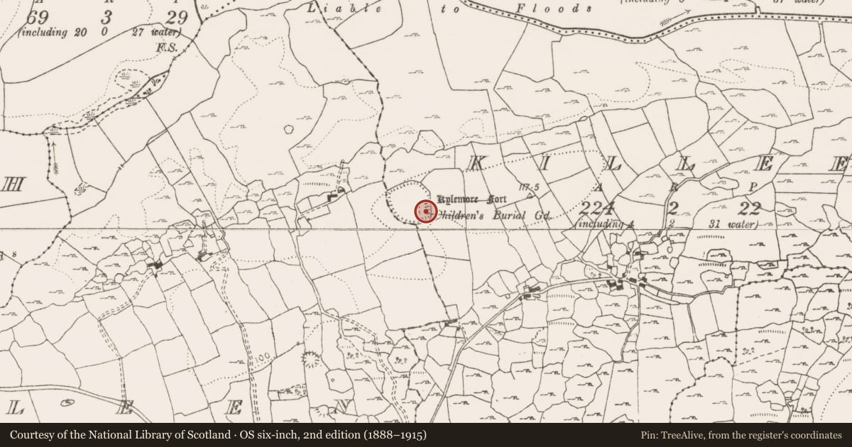 Ordnance Survey six-inch map, 2nd edition (1888–1915) covering the location of Children's burial ground, Killeen, County Clare, with a pin at the register's coordinates