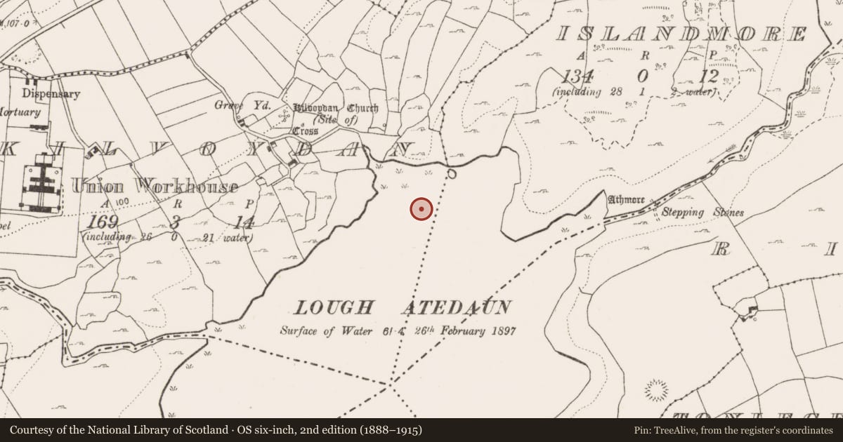 Ordnance Survey six-inch map, 2nd edition (1888–1915) covering the location of Crannog, Kilvoydan, County Clare, with a pin at the register's coordinates