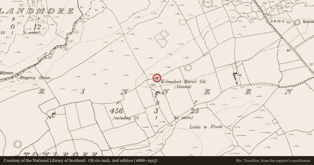 Ordnance Survey six-inch map, 2nd edition (1888–1915) covering the location of Children's burial ground, Rinneen, County Clare, with a pin at the register's coordinates