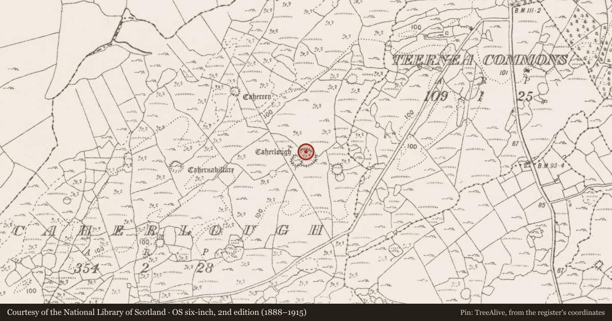 Ordnance Survey six-inch map, 2nd edition (1888–1915) covering the location of Enclosure, Caherlough, County Clare, with a pin at the register's coordinates