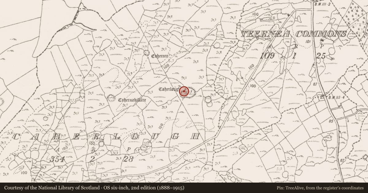 Ordnance Survey six-inch map, 2nd edition (1888–1915) covering the location of Souterrain, Caherlough, County Clare, with a pin at the register's coordinates
