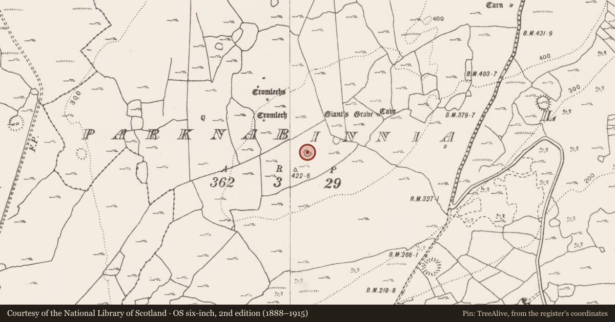 Ordnance Survey six-inch map, 2nd edition (1888–1915) covering the location of Enclosure, Parknabinnia, County Clare, with a pin at the register's coordinates