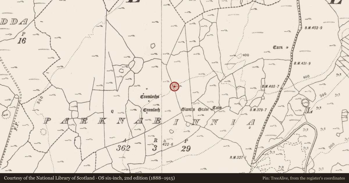 Ordnance Survey six-inch map, 2nd edition (1888–1915) covering the location of Cist, Parknabinnia, County Clare, with a pin at the register's coordinates