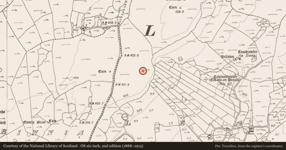 Ordnance Survey six-inch map, 2nd edition (1888–1915) covering the location of Cairn - unclassified, Leana, County Clare, with a pin at the register's coordinates