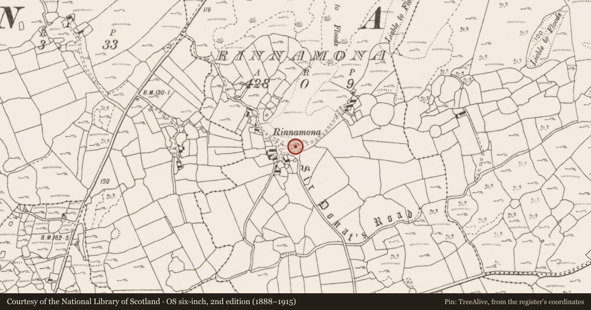 Ordnance Survey six-inch map, 2nd edition (1888–1915) covering the location of Fulacht fia, Rinnamona, County Clare, with a pin at the register's coordinates