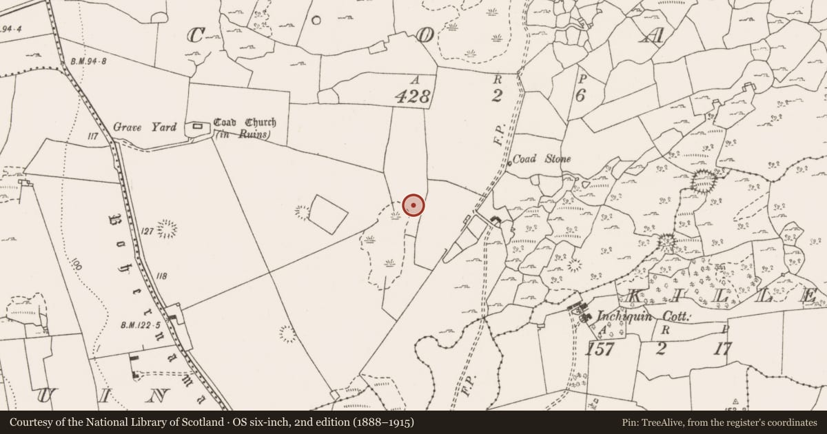 Ordnance Survey six-inch map, 2nd edition (1888–1915) covering the location of Fulacht fia, Coad, County Clare, with a pin at the register's coordinates