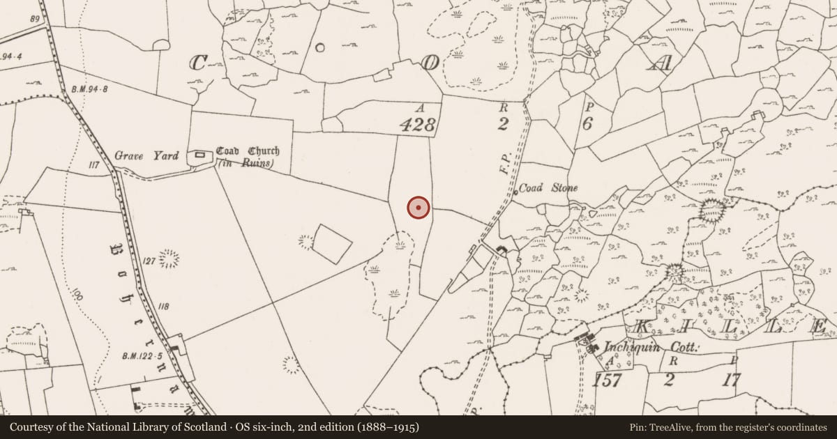 Ordnance Survey six-inch map, 2nd edition (1888–1915) covering the location of Fulacht fia, Coad, County Clare, with a pin at the register's coordinates