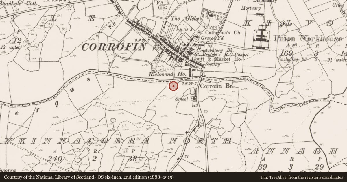 Ordnance Survey six-inch map, 2nd edition (1888–1915) covering the location of Burnt mound, Ballykinnacorra North, County Clare, with a pin at the register's coordinates