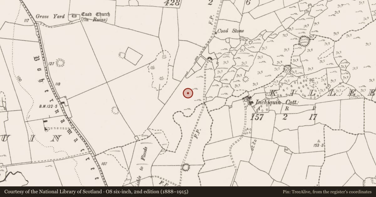 Ordnance Survey six-inch map, 2nd edition (1888–1915) covering the location of Fulacht fia, Coad, County Clare, with a pin at the register's coordinates