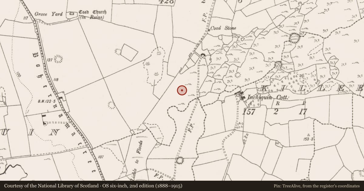 Ordnance Survey six-inch map, 2nd edition (1888–1915) covering the location of Fulacht fia, Coad, County Clare, with a pin at the register's coordinates