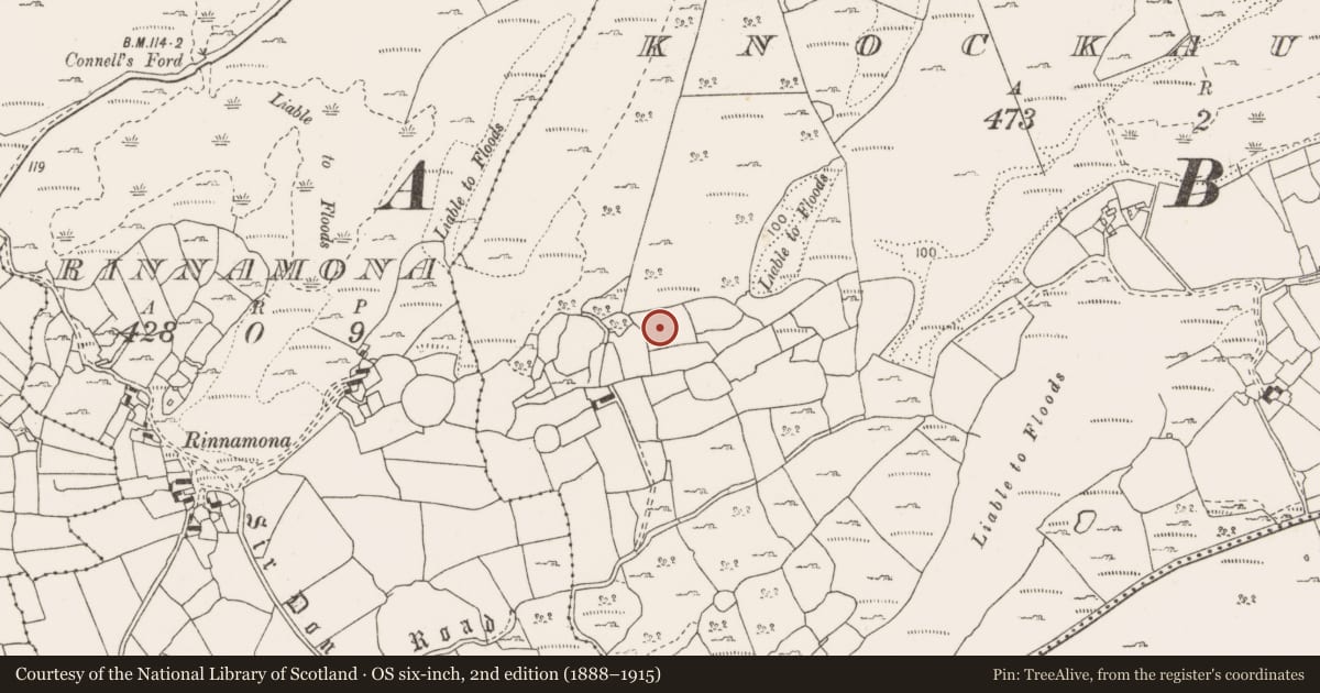 Ordnance Survey six-inch map, 2nd edition (1888–1915) covering the location of Fulacht fia, Knockaunroe, County Clare, with a pin at the register's coordinates
