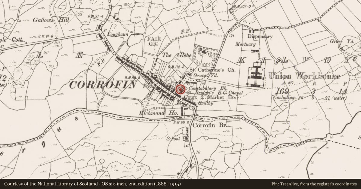 Ordnance Survey six-inch map, 2nd edition (1888–1915) covering the location of Architectural fragment, Kilvoydan, County Clare, with a pin at the register's coordinates
