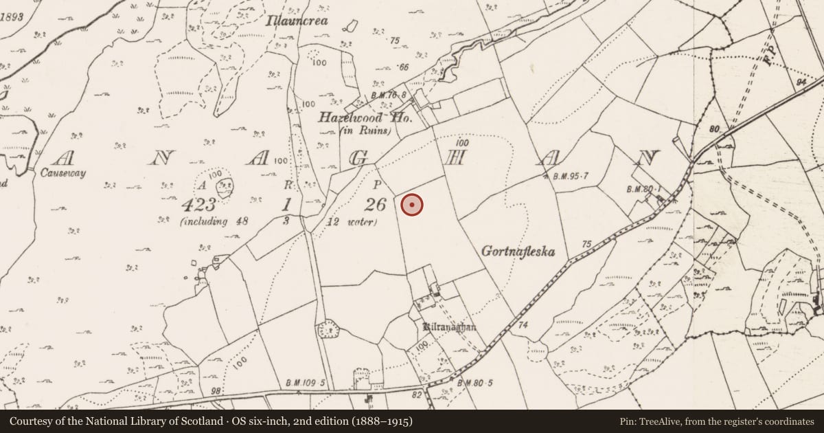 Ordnance Survey six-inch map, 2nd edition (1888–1915) covering the location of Enclosure, Ranaghan, County Clare, with a pin at the register's coordinates