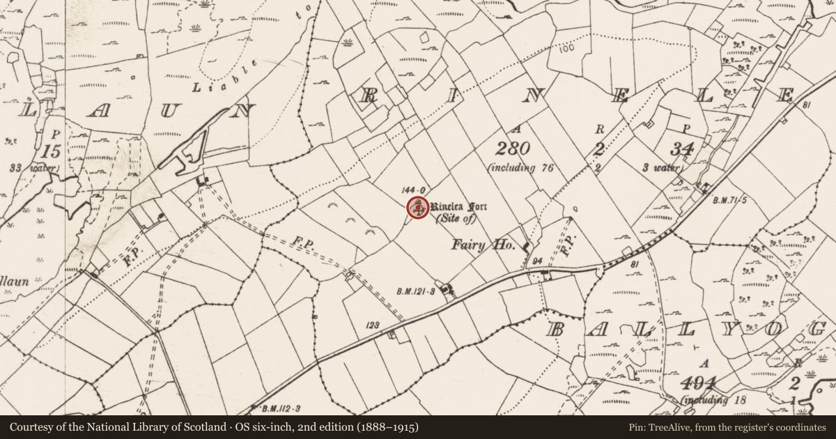 Ordnance Survey six-inch map, 2nd edition (1888–1915) covering the location of Ringfort - cashel, Rinelea, County Clare, with a pin at the register's coordinates