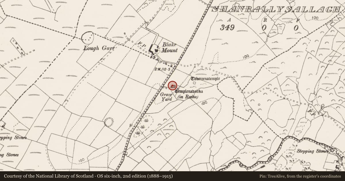 Ordnance Survey six-inch map, 2nd edition (1888–1915) covering the location of Cross, Shanballysallagh, County Clare, with a pin at the register's coordinates