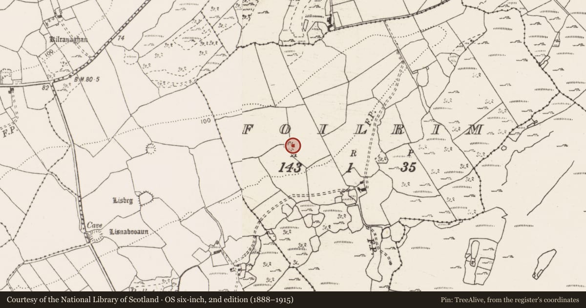 Ordnance Survey six-inch map, 2nd edition (1888–1915) covering the location of Ringfort - rath, Foilrim, County Clare, with a pin at the register's coordinates