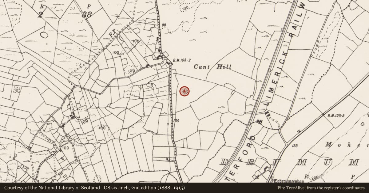 Ordnance Survey six-inch map, 2nd edition (1888–1915) covering the location of Enclosure, Derrygarriff, County Clare, with a pin at the register's coordinates