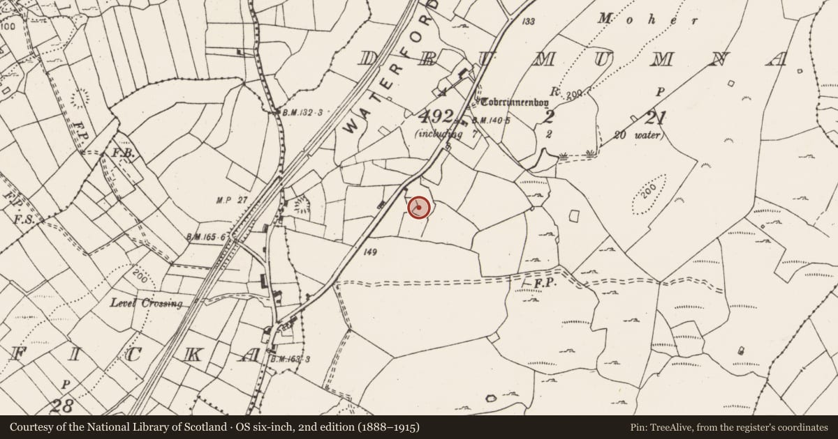 Ordnance Survey six-inch map, 2nd edition (1888–1915) covering the location of Enclosure, Drumumna, County Clare, with a pin at the register's coordinates