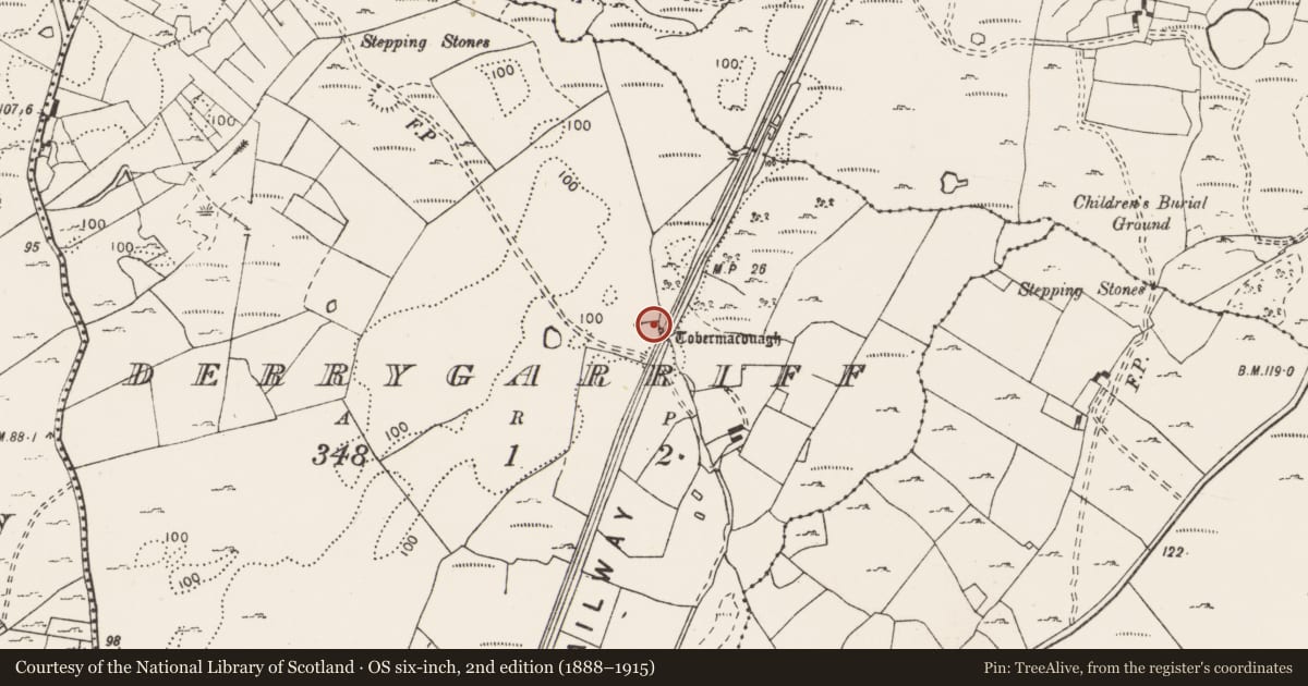 Ordnance Survey six-inch map, 2nd edition (1888–1915) covering the location of Ritual site - holy well, Derrygarriff, County Clare, with a pin at the register's coordinates