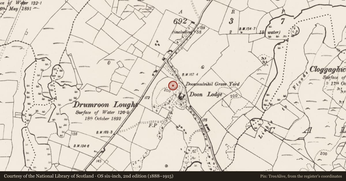 Ordnance Survey six-inch map, 2nd edition (1888–1915) covering the location of Burial ground, Doon, County Clare, with a pin at the register's coordinates