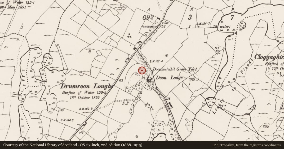 Ordnance Survey six-inch map, 2nd edition (1888–1915) covering the location of Bullaun stone, Doon, County Clare, with a pin at the register's coordinates