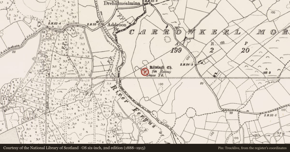 Ordnance Survey six-inch map, 2nd edition (1888–1915) covering the location of Graveyard, Carrowkeel More, County Clare, with a pin at the register's coordinates