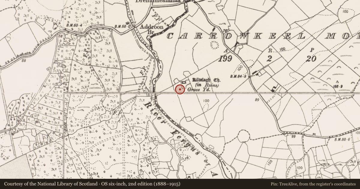 Ordnance Survey six-inch map, 2nd edition (1888–1915) covering the location of Ecclesiastical enclosure, Carrowkeel More, County Clare, with a pin at the register's coordinates