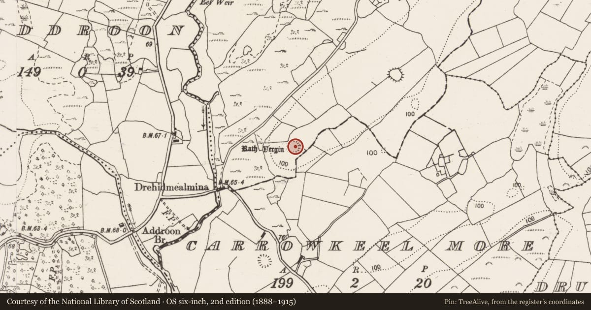 Ordnance Survey six-inch map, 2nd edition (1888–1915) covering the location of Ringfort - rath, Rathvergin, County Clare, with a pin at the register's coordinates