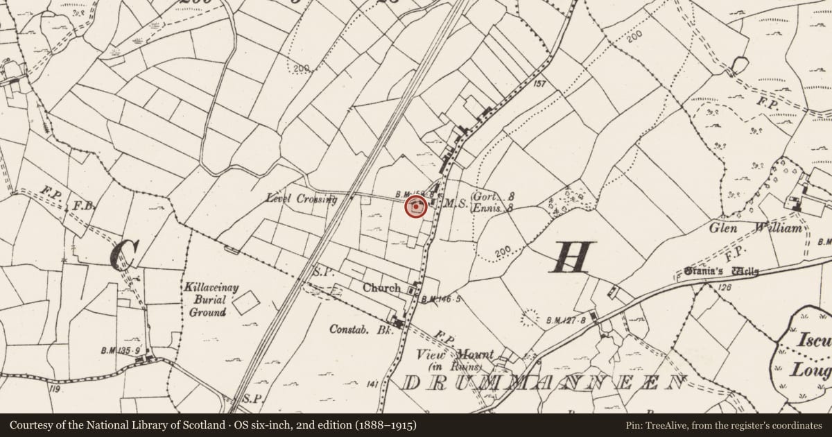 Ordnance Survey six-inch map, 2nd edition (1888–1915) covering the location of Ringfort - rath, Gortaficka, County Clare, with a pin at the register's coordinates
