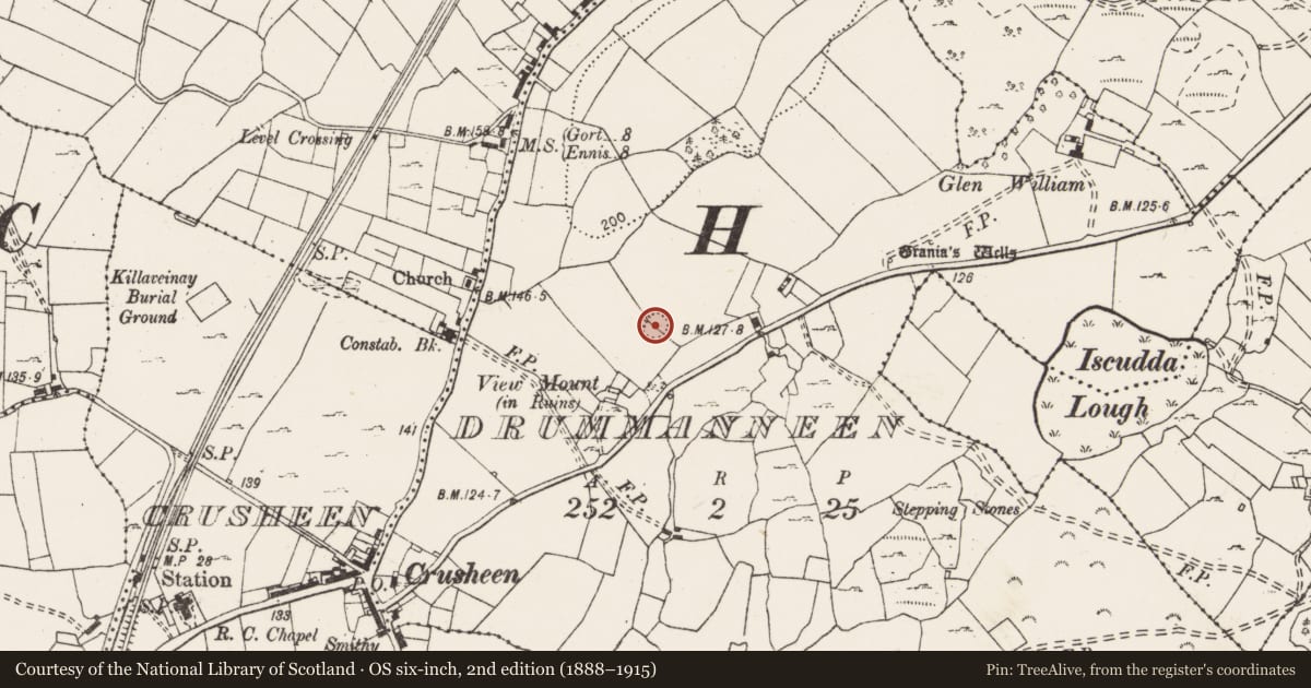 Ordnance Survey six-inch map, 2nd edition (1888–1915) covering the location of Ringfort - rath, Drummanneen, County Clare, with a pin at the register's coordinates