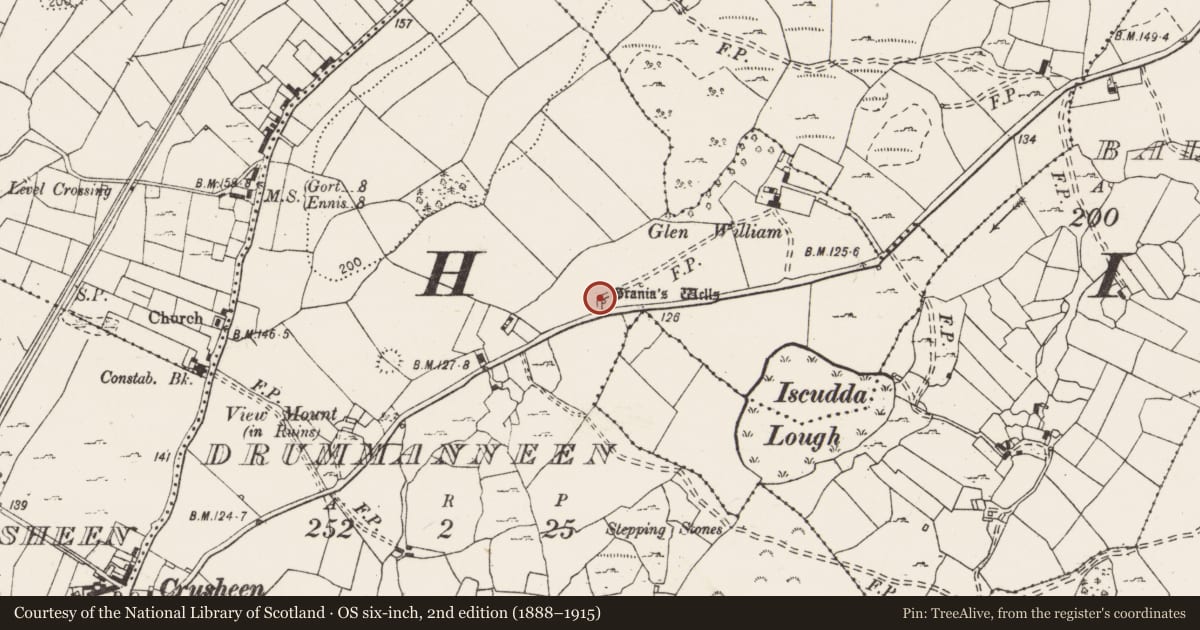 Ordnance Survey six-inch map, 2nd edition (1888–1915) covering the location of Ritual site - holy well, Drummanneen, County Clare, with a pin at the register's coordinates