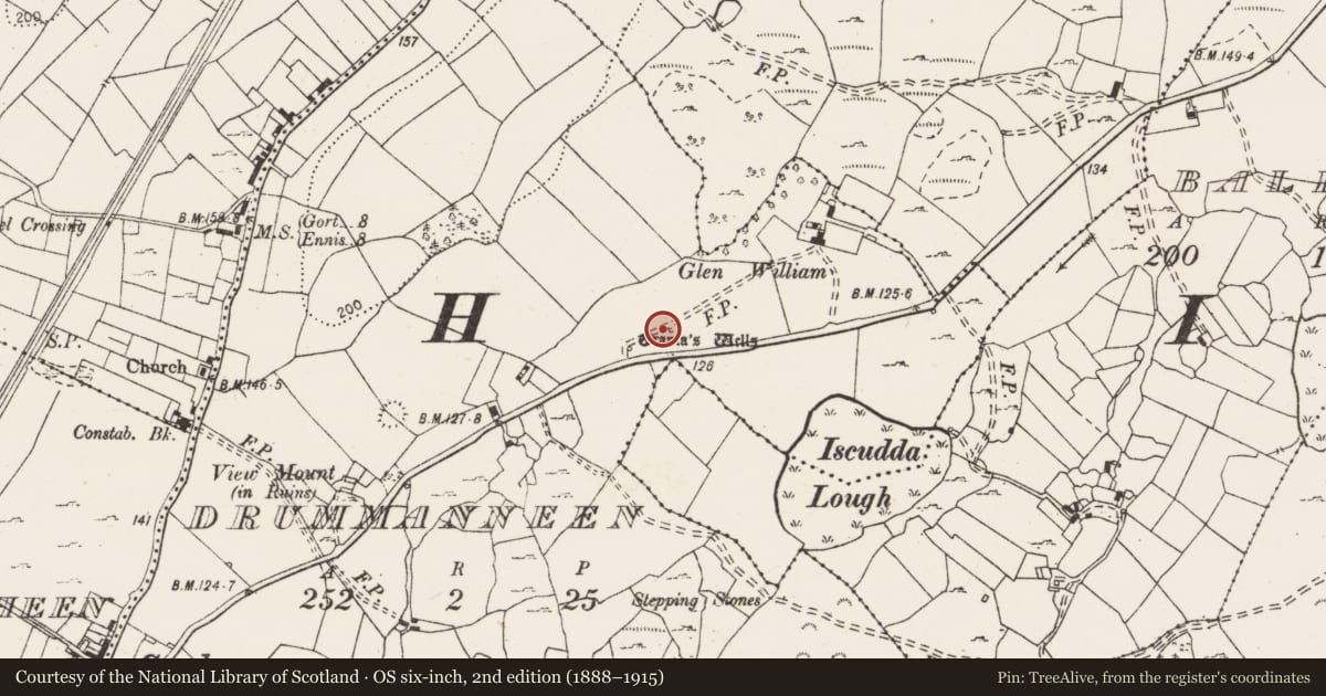 Ordnance Survey six-inch map, 2nd edition (1888–1915) covering the location of Ritual site - holy well, Drummanneen, County Clare, with a pin at the register's coordinates