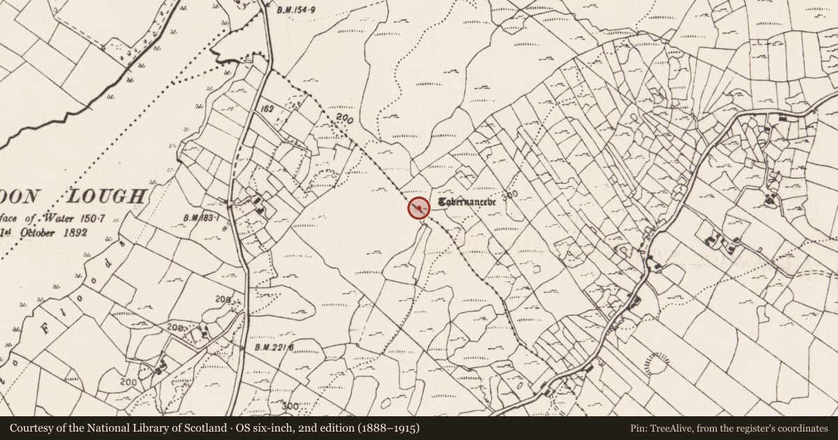 Ordnance Survey six-inch map, 2nd edition (1888–1915) covering the location of Ritual site - holy well, Calluragh, County Clare, with a pin at the register's coordinates