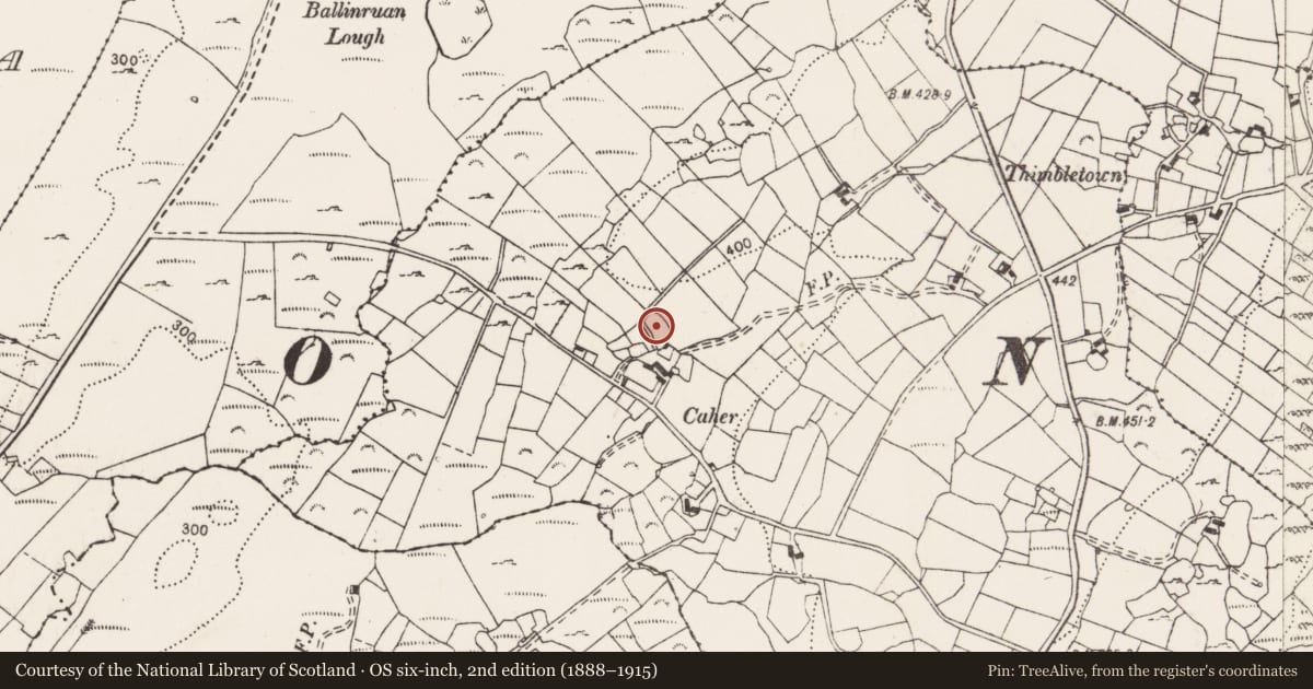 Ordnance Survey six-inch map, 2nd edition (1888–1915) covering the location of Enclosure, Caher, County Clare, with a pin at the register's coordinates