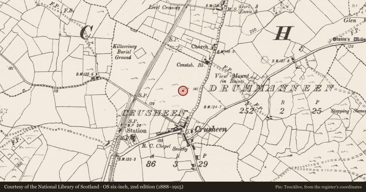 Ordnance Survey six-inch map, 2nd edition (1888–1915) covering the location of Enclosure, Crusheen, County Clare, with a pin at the register's coordinates