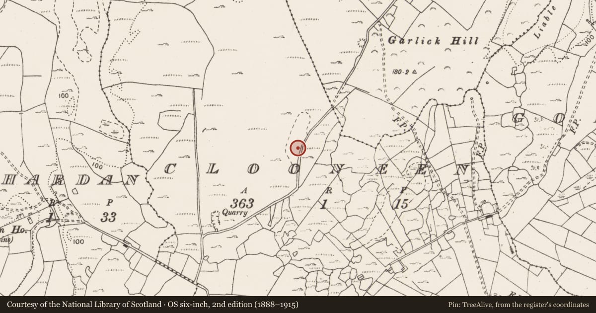 Ordnance Survey six-inch map, 2nd edition (1888–1915) covering the location of Fulacht fia, Clooneen, County Clare, with a pin at the register's coordinates