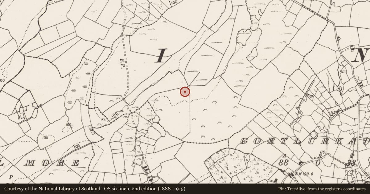 Ordnance Survey six-inch map, 2nd edition (1888–1915) covering the location of Fulacht fia, Lahardan, County Clare, with a pin at the register's coordinates