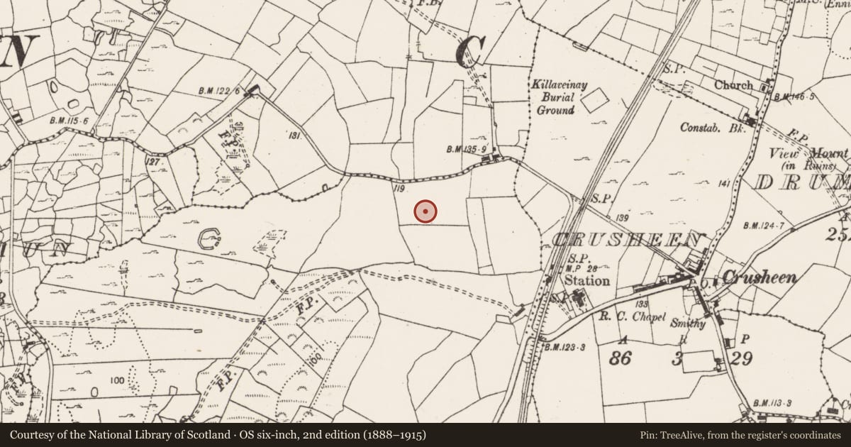 Ordnance Survey six-inch map, 2nd edition (1888–1915) covering the location of Fulacht fia, Caheraphuca, County Clare, with a pin at the register's coordinates