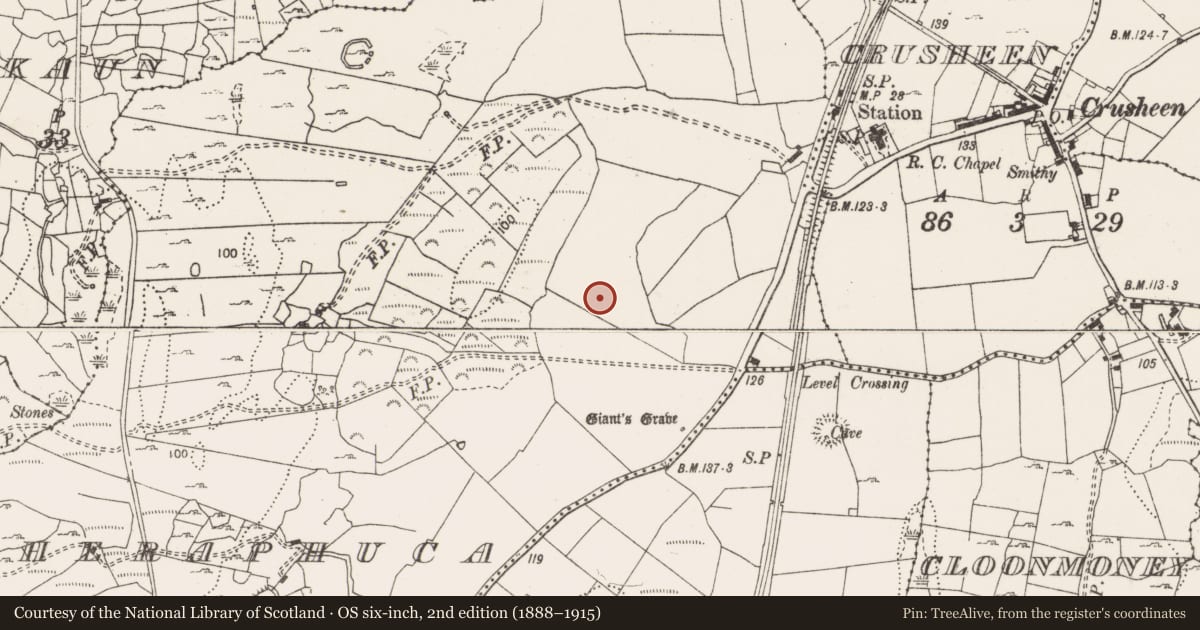 Ordnance Survey six-inch map, 2nd edition (1888–1915) covering the location of Fulacht fia, Caheraphuca, County Clare, with a pin at the register's coordinates