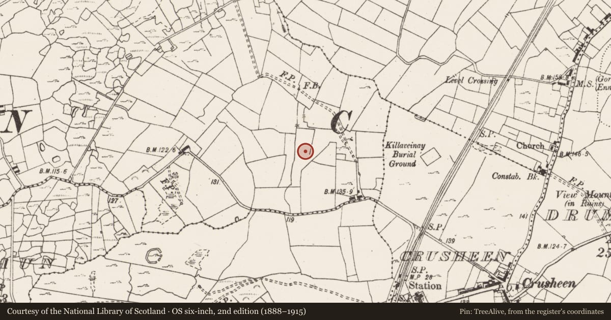 Ordnance Survey six-inch map, 2nd edition (1888–1915) covering the location of Fulacht fia, Clooneen, County Clare, with a pin at the register's coordinates