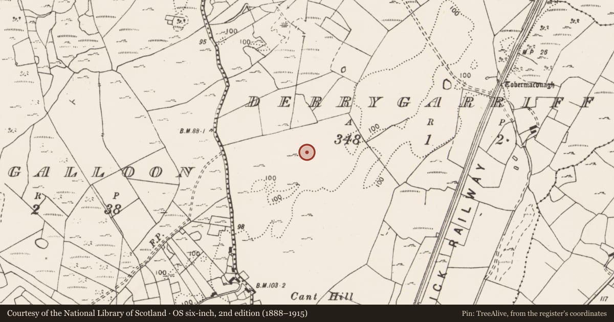 Ordnance Survey six-inch map, 2nd edition (1888–1915) covering the location of Fulacht fia, Derrygarriff, County Clare, with a pin at the register's coordinates