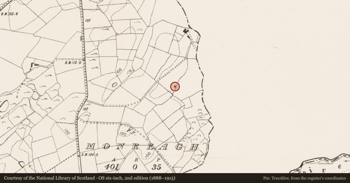 Ordnance Survey six-inch map, 2nd edition (1888–1915) covering the location of Fulacht fia, Monreagh, County Clare, with a pin at the register's coordinates