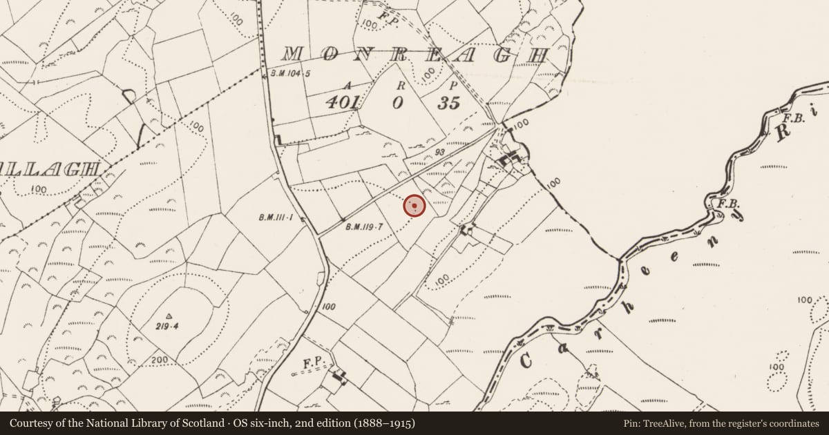 Ordnance Survey six-inch map, 2nd edition (1888–1915) covering the location of Excavation - miscellaneous, Monreagh, County Clare, with a pin at the register's coordinates