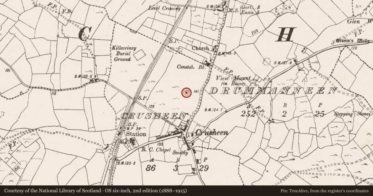 Ordnance Survey six-inch map, 2nd edition (1888–1915) covering the location of Mass-rock, Crusheen, County Clare, with a pin at the register's coordinates