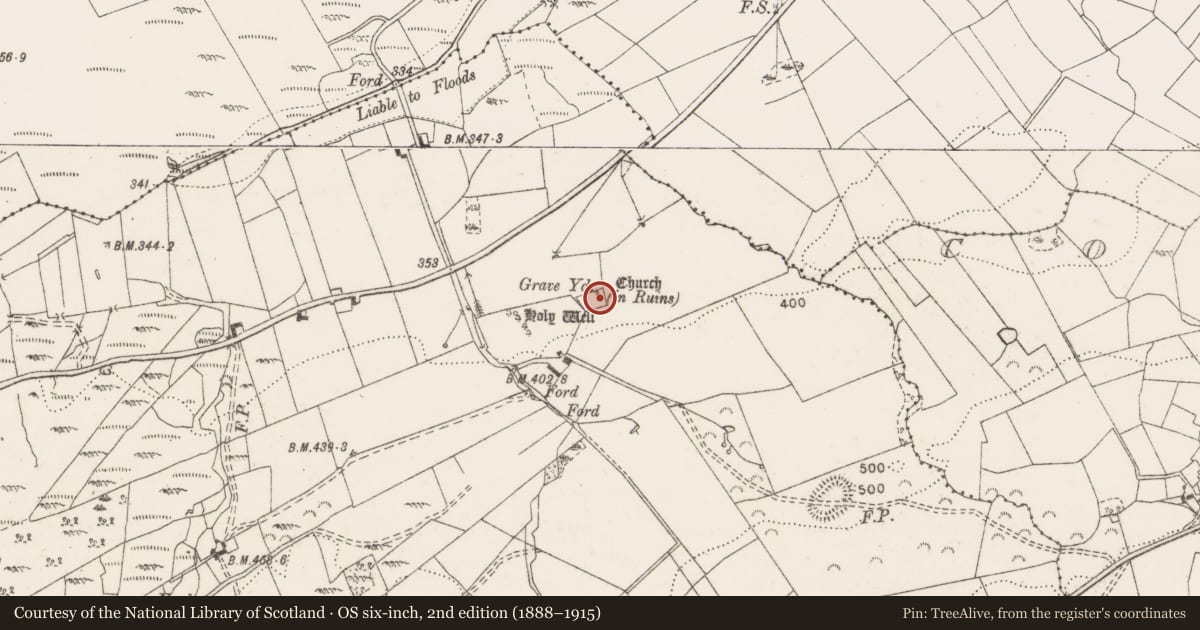 Ordnance Survey six-inch map, 2nd edition (1888–1915) covering the location of Church, Fahy, County Clare, with a pin at the register's coordinates