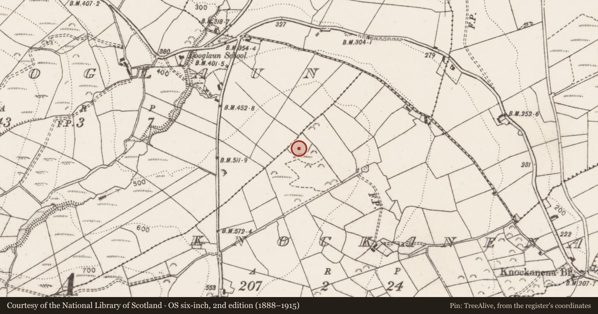 Ordnance Survey six-inch map, 2nd edition (1888–1915) covering the location of Earthwork, Knockanena, County Clare, with a pin at the register's coordinates