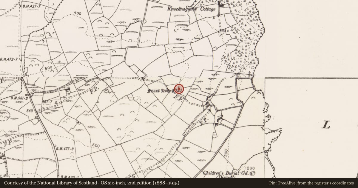 Ordnance Survey six-inch map, 2nd edition (1888–1915) covering the location of Ritual site - holy well, Knocknageeha, County Clare, with a pin at the register's coordinates